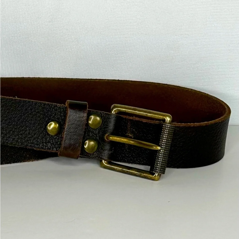 Brown Leather Belt Brass Buckle Unisex‎ Sz M